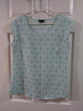 The Limited Teal and White Geometric Patterned Sheer Cap Sleeve Blouse Size M